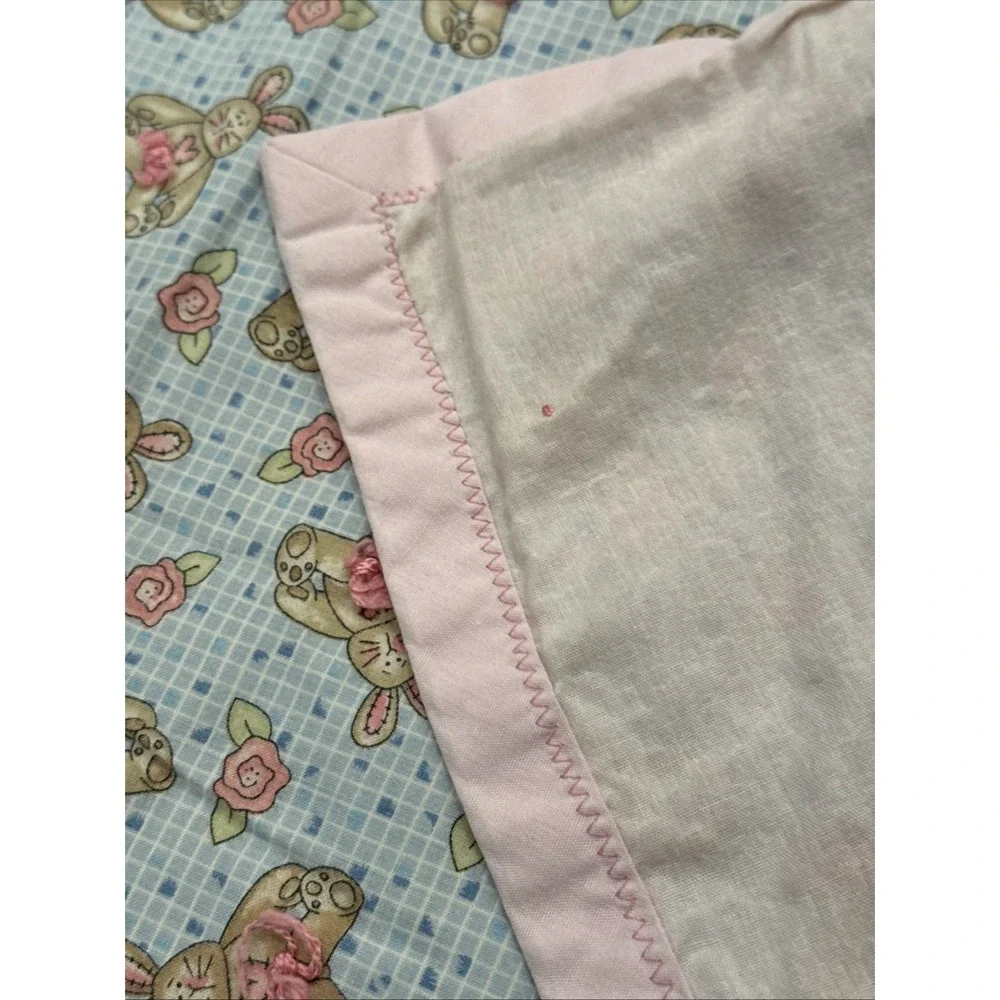 VTG Handmade Baby Blanket-pink Trim Bunny Rabbits Floral - 44